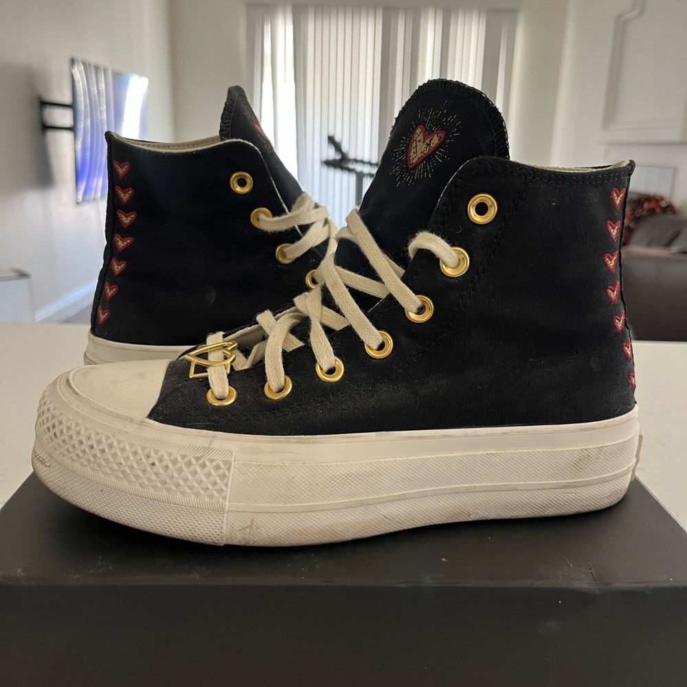 ❌SOLD Converse Black High-Tops with Red Heart Accents